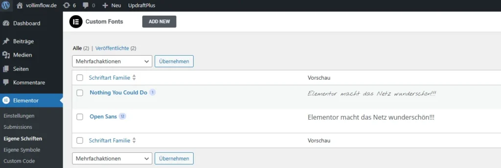 Elementor eigene Schriften hinzfügen